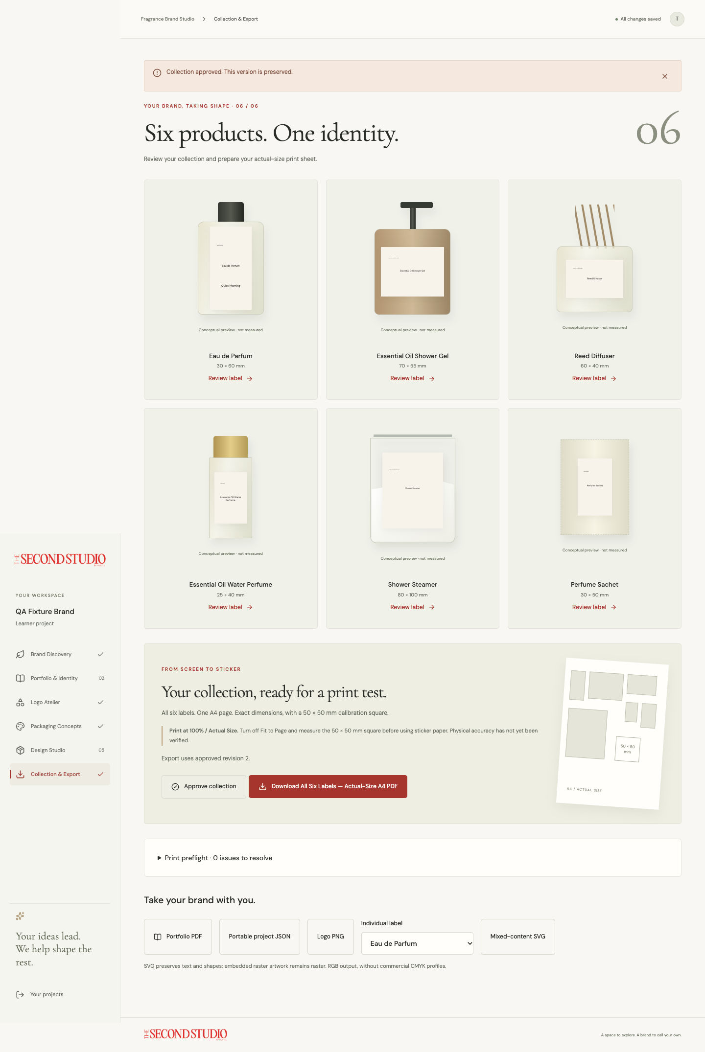 The Second Studio design workspace showing a fragrance collection and label tools